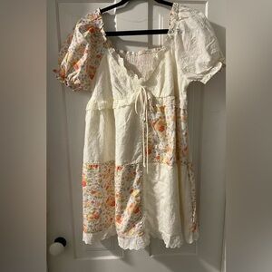 Cream and Floral patchwork and eyelet lace Puff-Sleeve Dress